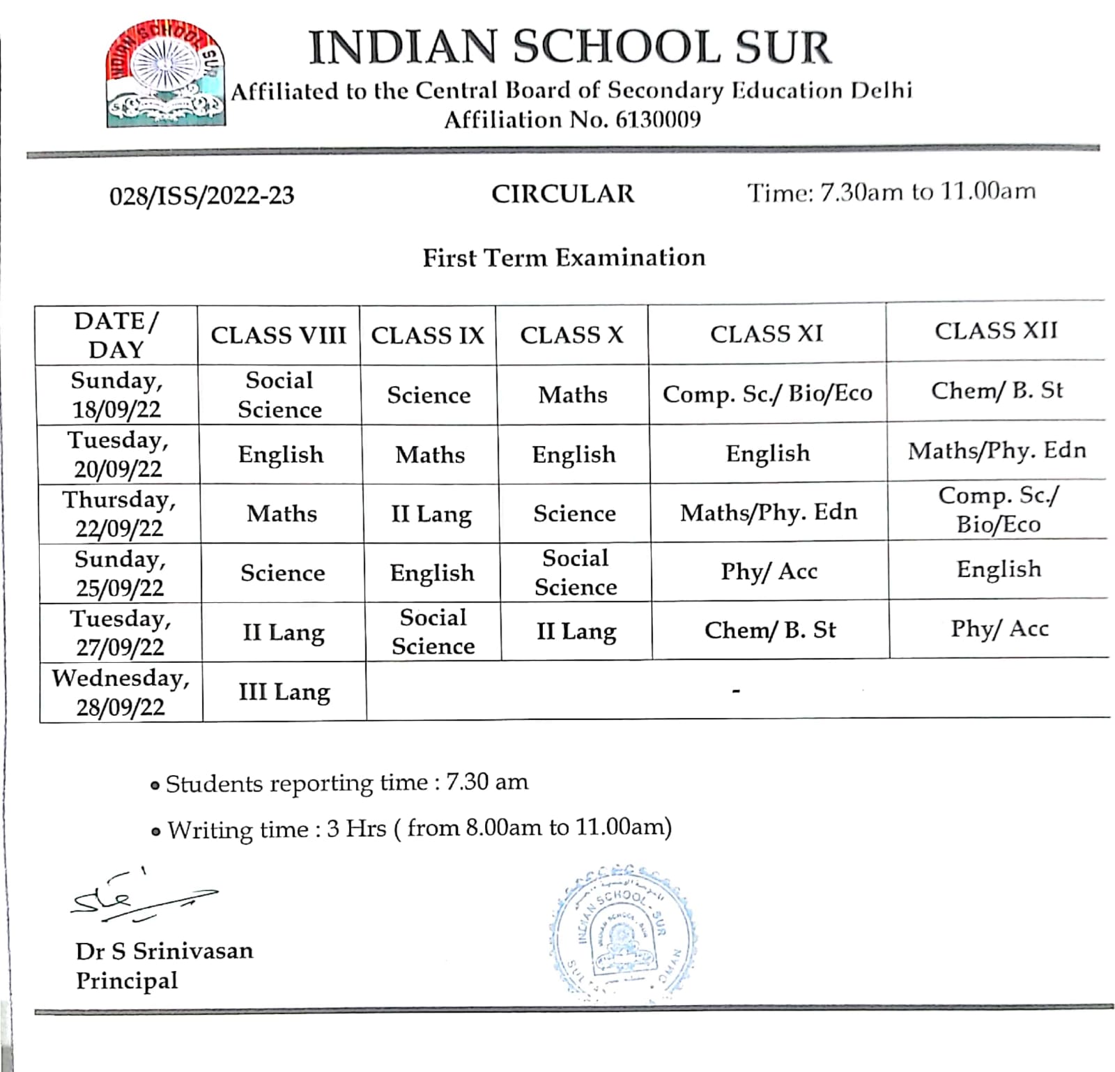 Circulars 2022 Indian School Sur